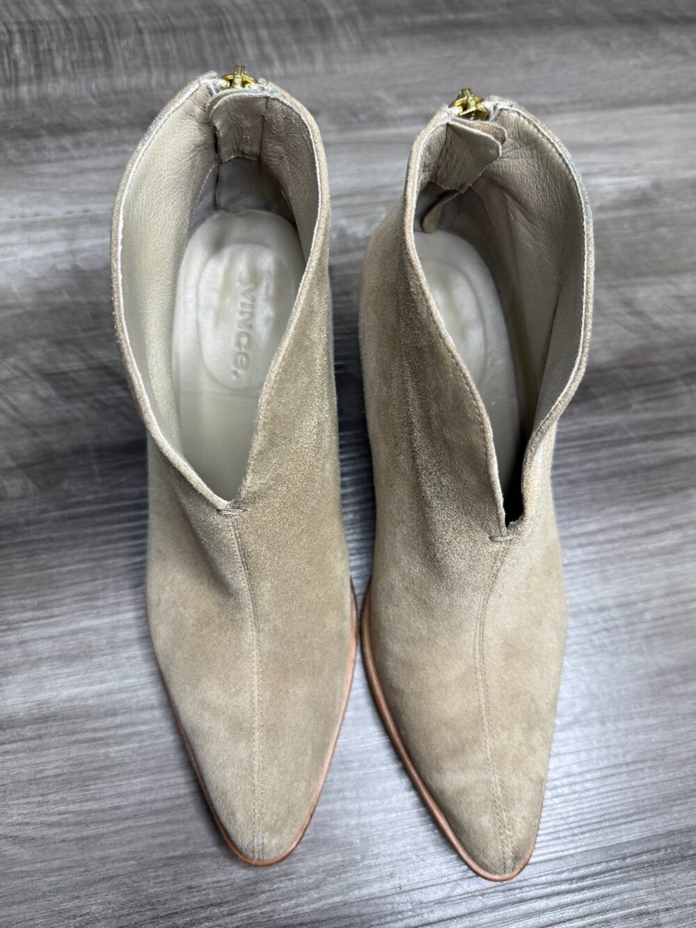 Vince Taupe Suede Pointed-Tip Booties Made in Italy (Size 6)